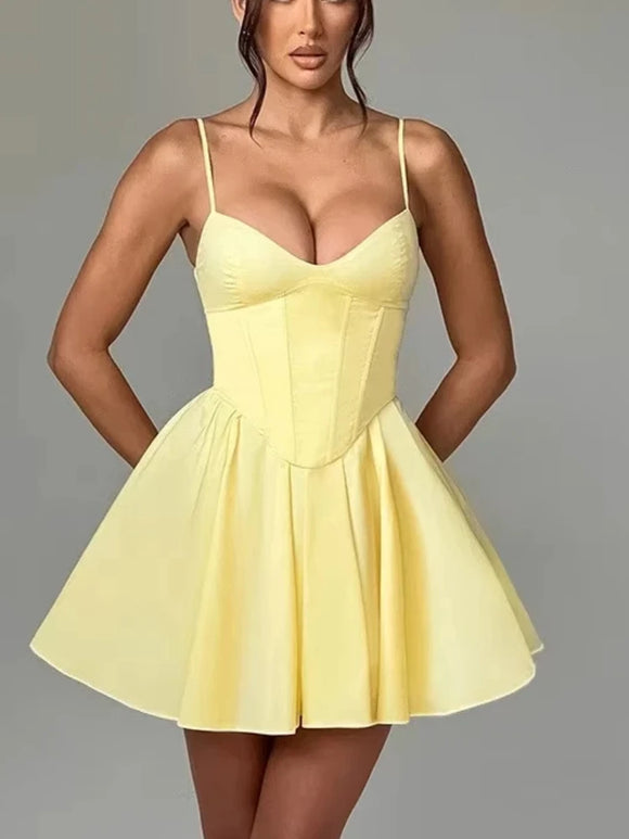 Women's Sexy Mini Dress Elegant Corset Strap Pleated Bodycon