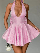 Women's Sexy Mini Dress Sleeveless Halter Lace Up Backless Big Bow