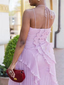 Women’s Maxi Dress Elegant Halter Neck Off Shoulder Backless Split Ruched