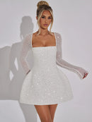 Women's Sexy Mini Dress Sequined Long Sleeve Backless Lace Up A-Line
