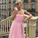 Vestido midi sexy cuello halter espalda descubierta liso sin mangas corte A-16