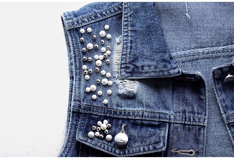 Women's jacket denim ripped luxury pearls elegant sleeveless large size