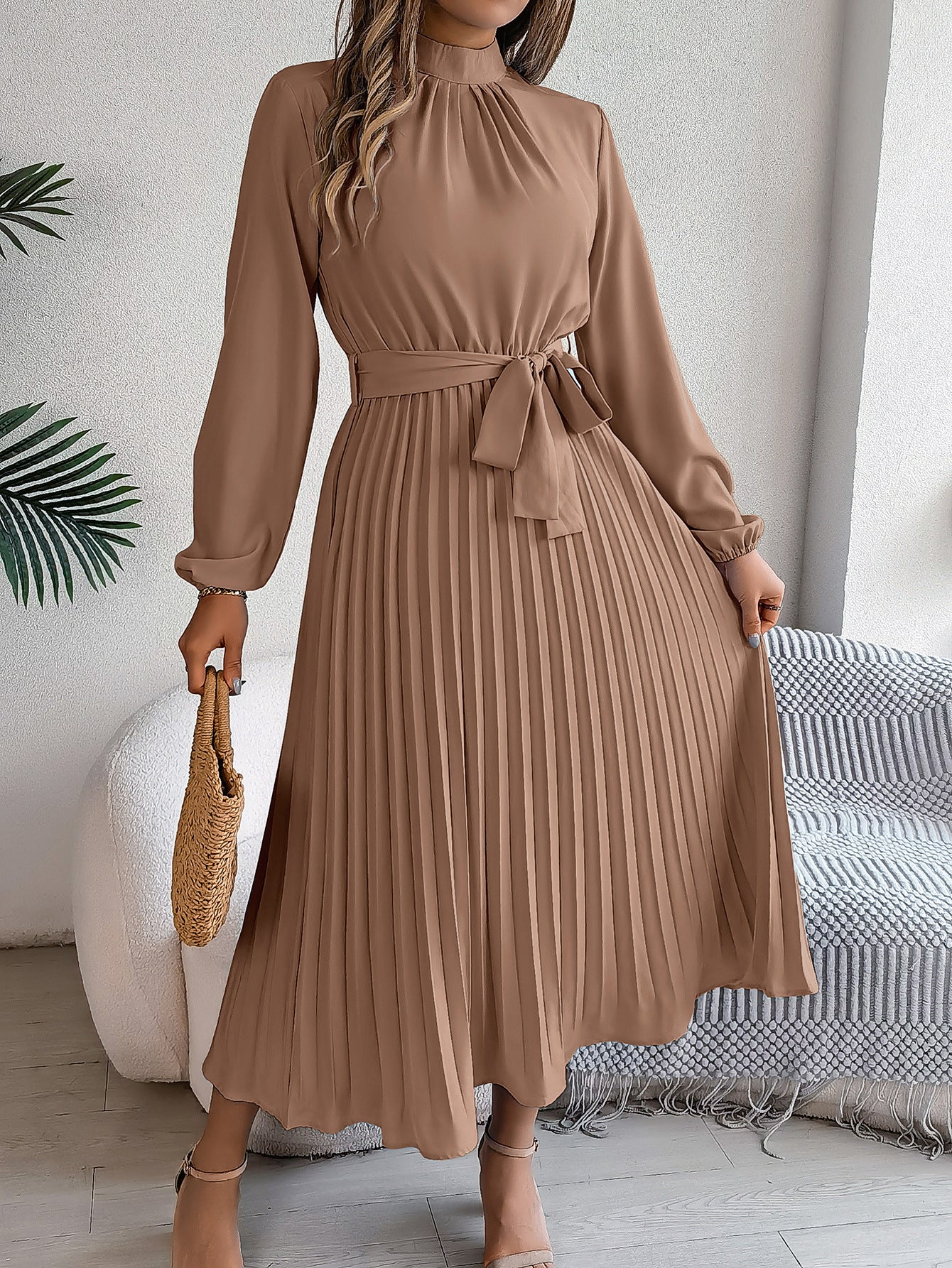 Women's dress flared pleated elegant belted long sleeve stand collar