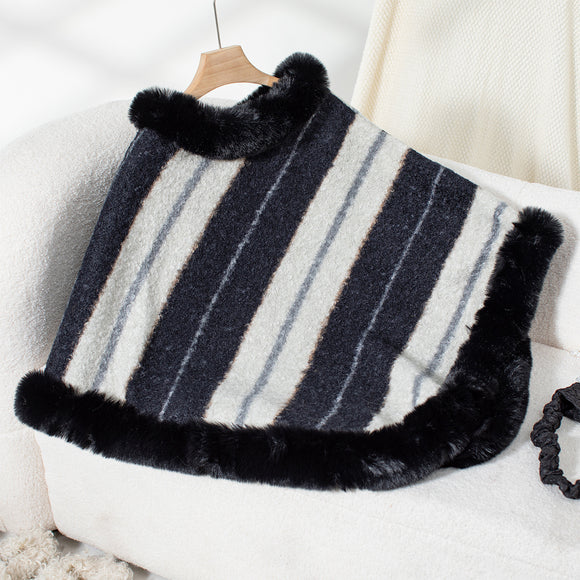 Women's Cape fur collar striped elegant, knitted shawl sweater, plush scarf