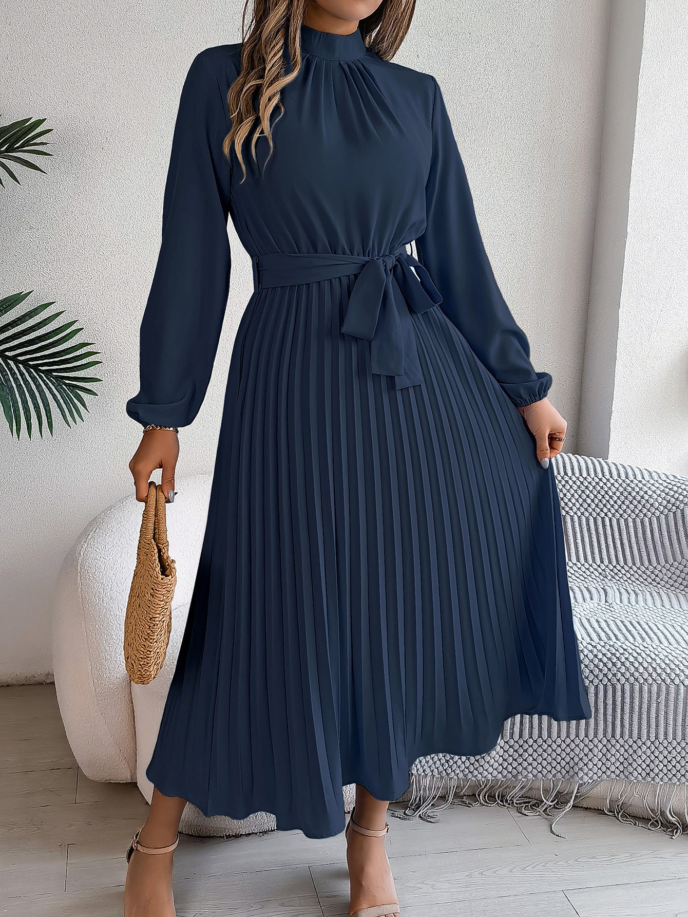 Women's dress flared pleated elegant belted long sleeve stand collar