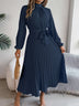 Women's Elegant Dress Flared Pleated Belted Long Sleeve Stand Collar
