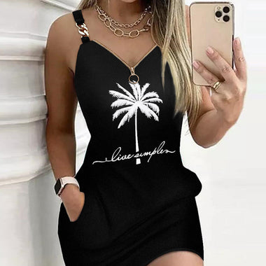 Women's mini dress matching pockets, casual, straight and printed