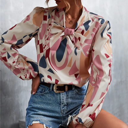 Elegant Women's Shirt with Bow Tie, Chiffon, Printed Long Sleeve