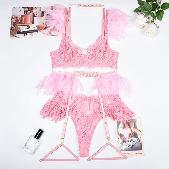 Women's lingerie set elegant sexy lace feather bra panty