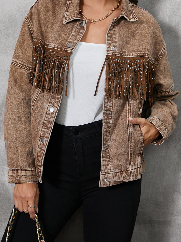 Women's jacket denim fringed elegant brown in rhinestones