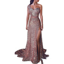 Dress Prom sparkling sequin, one shoulder, sexy high side slit Mermaid