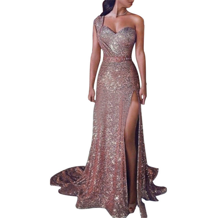 Dress Prom sparkling sequin, one shoulder, sexy high side slit Mermaid