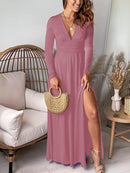 Women's dress evening pleated and deep V-neck side slit elegant