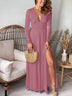 Women's dress evening pleated and deep V-neck side slit elegant