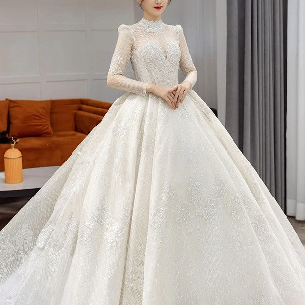 Wedding Dress Lace with appliques, train, long sleeve, peals