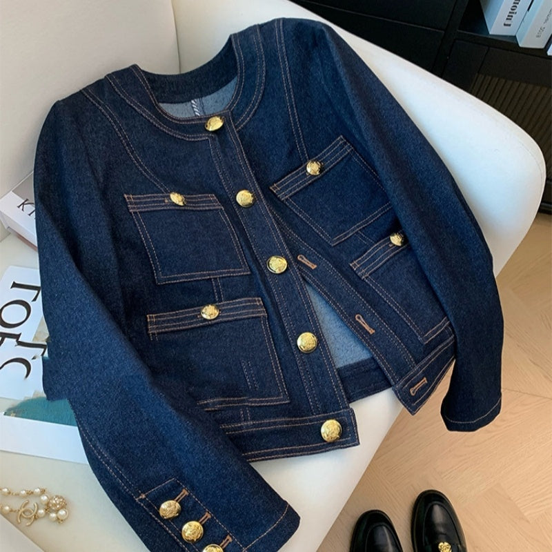 Women's jacket denim elegant blue retro round neck high quality