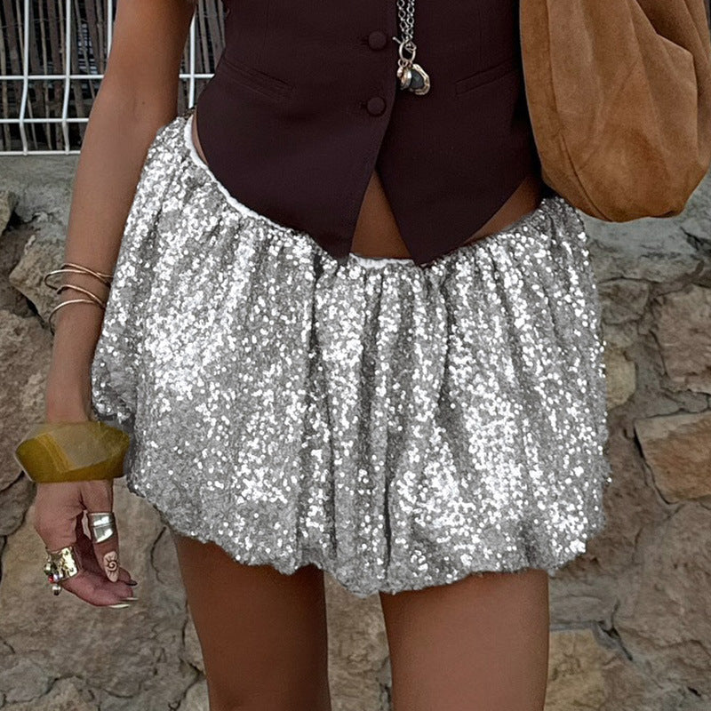 Women's mini skirt elegant with sequins silver shiny elastic sexy