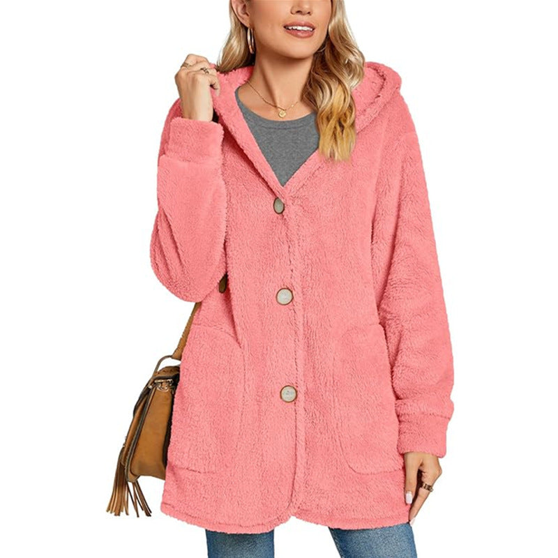 Women's cardigan jacket buttoned with hood with pockets long sleeves casual