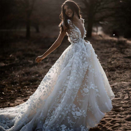 Elegant Bohemian Bridal Gown Open Back Deep V Neck Short Sleeves