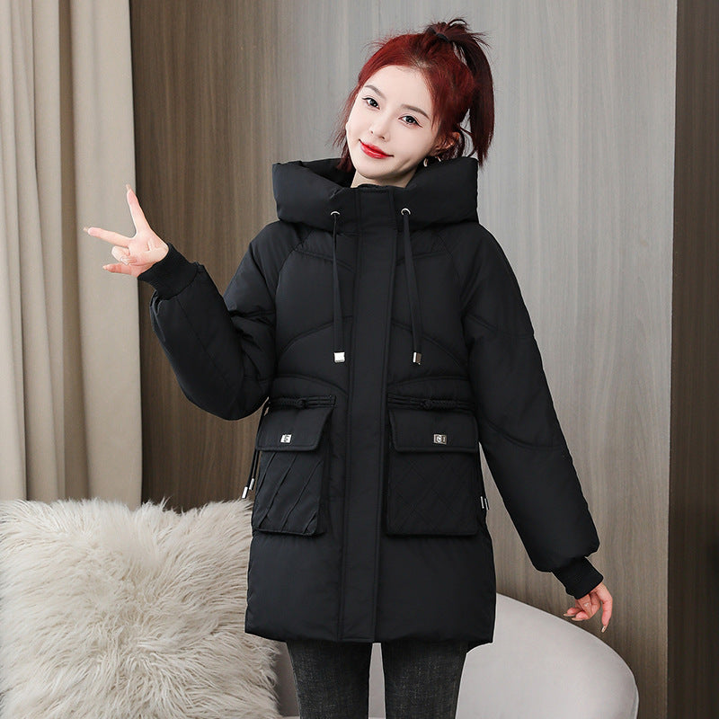 Women's jacket thick mid-length padded cotton hooded down jacket elegant