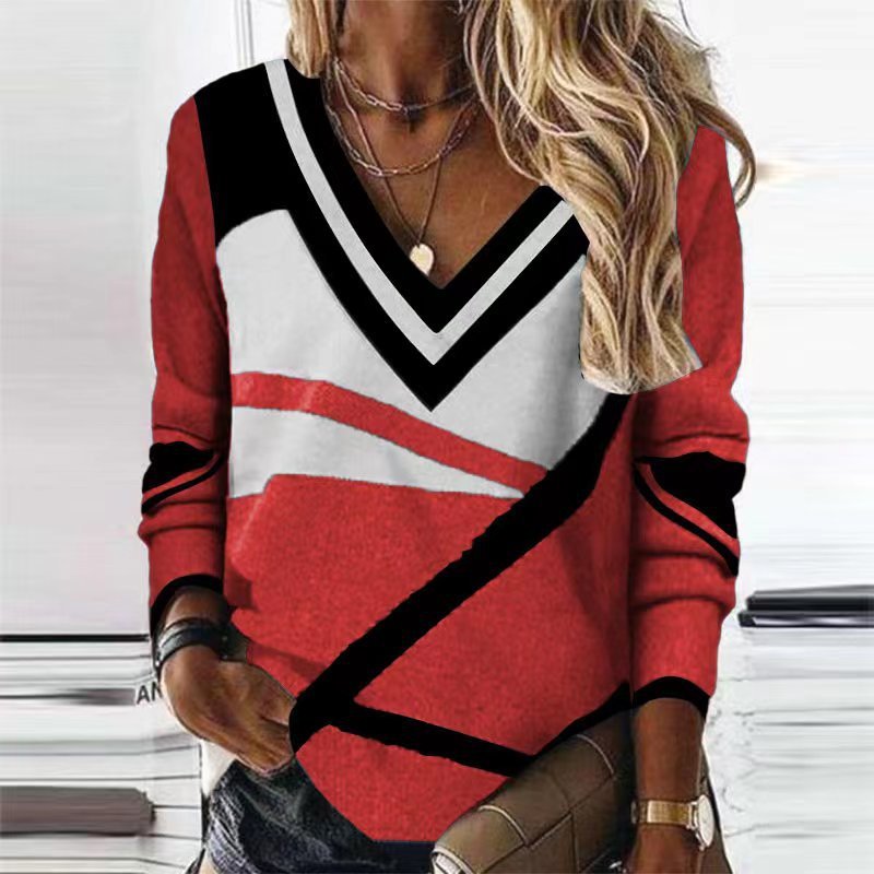 Women's T-shirt long-sleeved v-neck, contrast color, geometric print