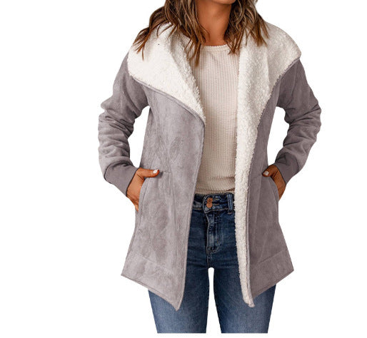 Women's coat warm plush long sleeves trendy open front vintage solid