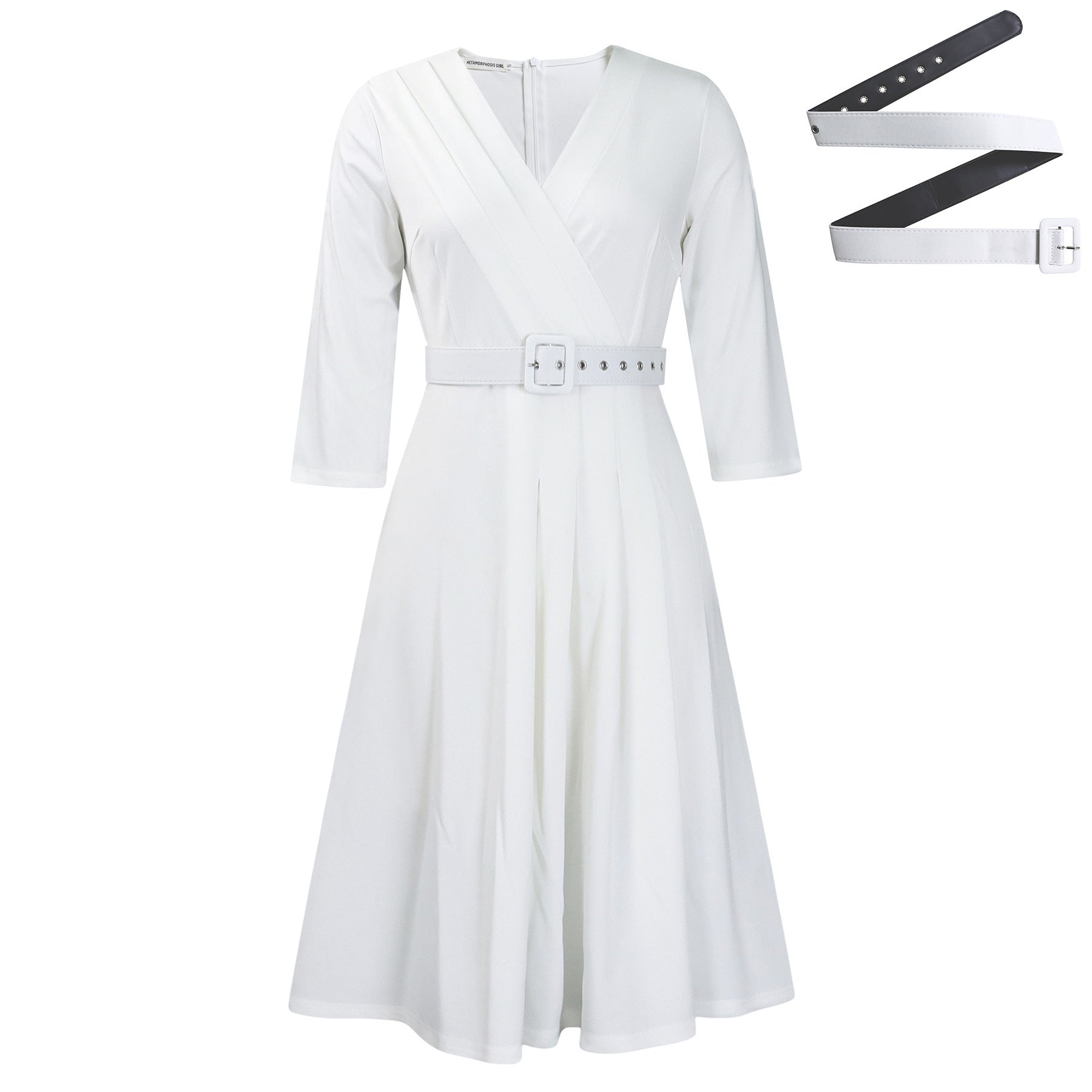 Women's dress pleated trapeze elegant V-neck belt work