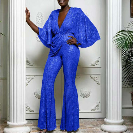 Jumpsuit Sexy Sequined Deep V Neck Large Size for women