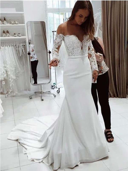 Women’s wedding Dress Off Shoulder Lace Long Sleeve Mopping Gown