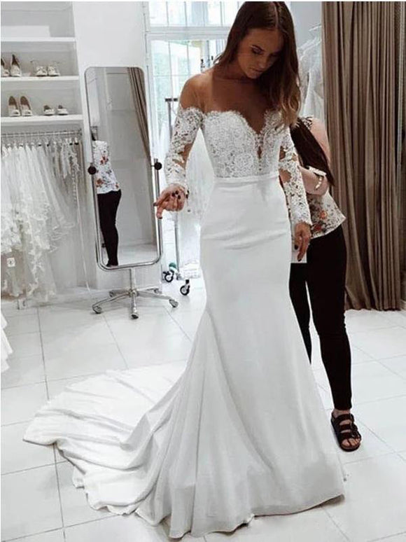 Women’s wedding Dress Off Shoulder Lace Long Sleeve Mopping Gown