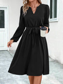 Women's dress trapeze, elegant long sleeve, solid belted, V neck