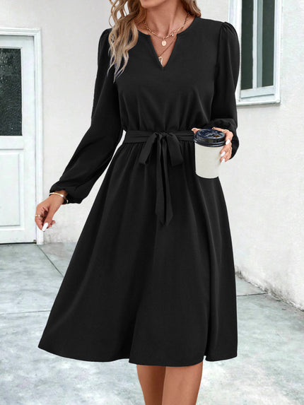 Women's dress trapeze, elegant long sleeve, solid belted, V neck