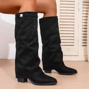Women’s Boots Elegant High Tube Pointed Toe Pleated Chunky Heel Sleeve