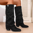 Women’s Boots Elegant High Tube Pointed Toe Pleated Chunky Heel Sleeve-6