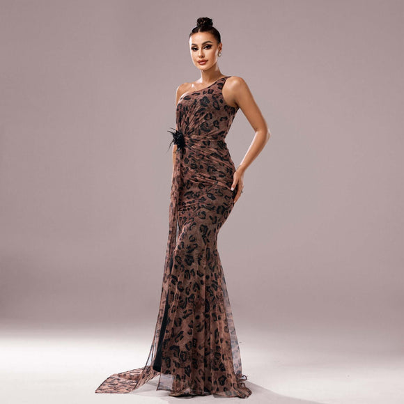Women’s Gowns Sequined Elegant One Shoulder Leopard Evening Dress