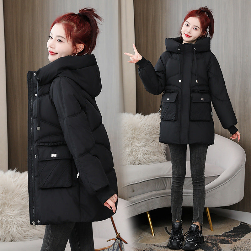 Women's jacket thick mid-length padded cotton hooded down jacket elegant