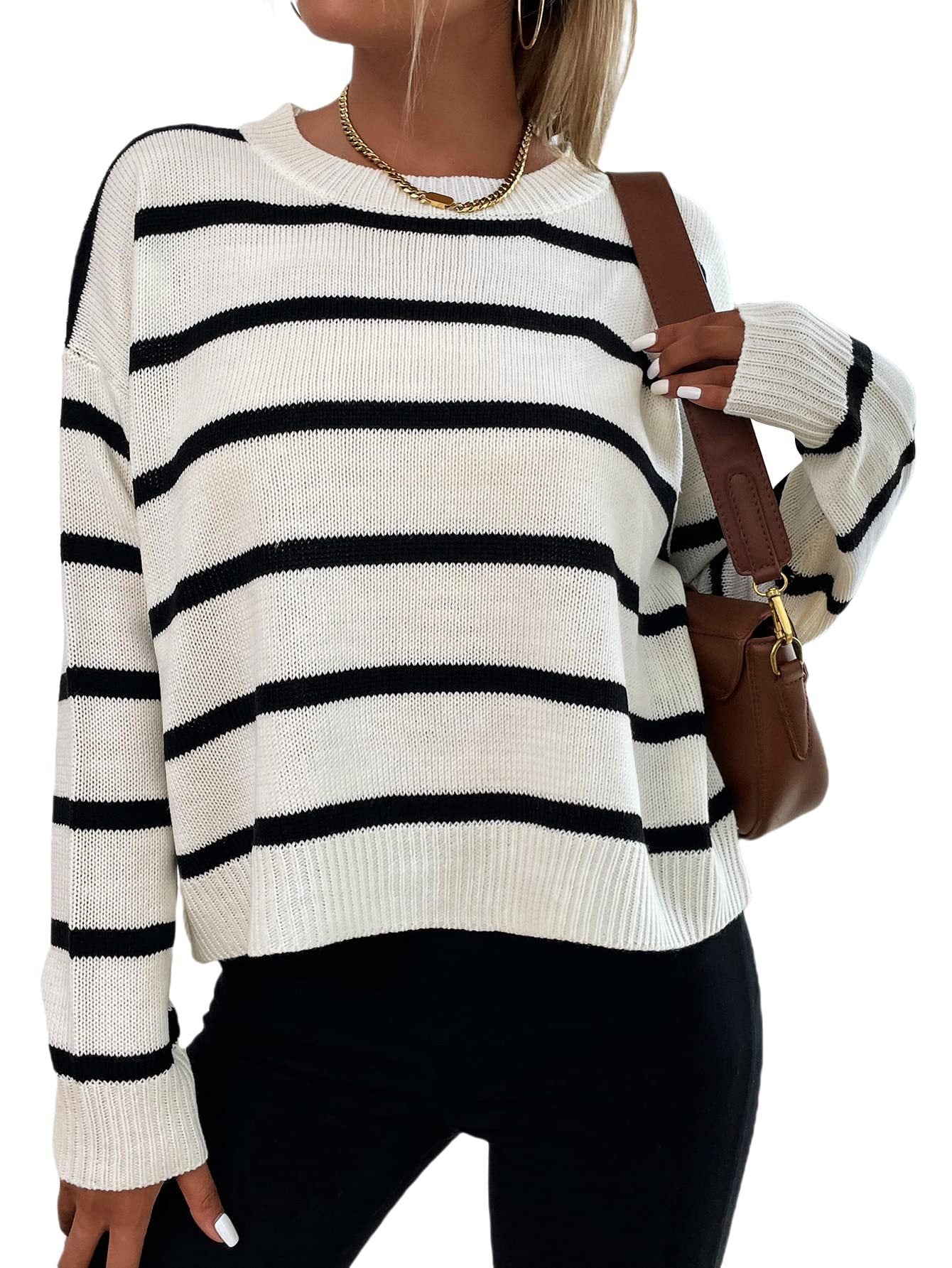 Women's sweater knitted striped elegant with long sleeves, round neck