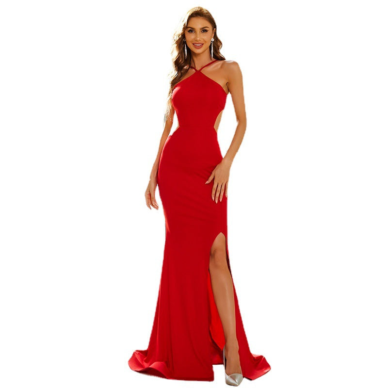 Evening Dress elegant sexy long, backless, high slit, spaghetti straps