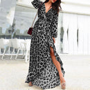 Women Long Maxi Kaftan Flare Swing Sexy Slit Leopard Print Dress, V-neck