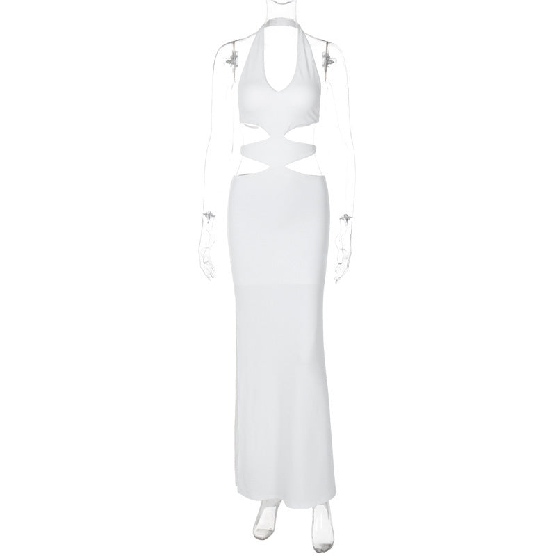 Women's evening dress  long in white jersey backless cut out on the front