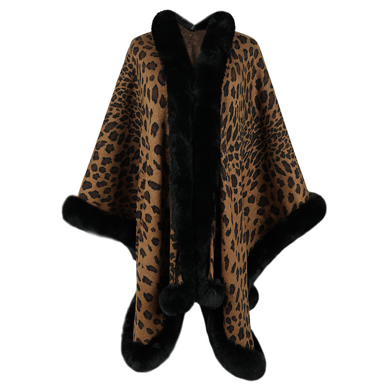 Women's Cape Cardigan with fur collar leopard print coats elegant thick warm