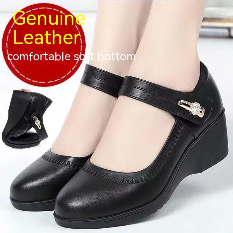 Women's Shoes leather with wedge heels, high quality soft bottom