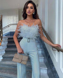 Women’s Jumpsuit Elegant Ceremony Feather Tube Top Wide Leg Pants-6