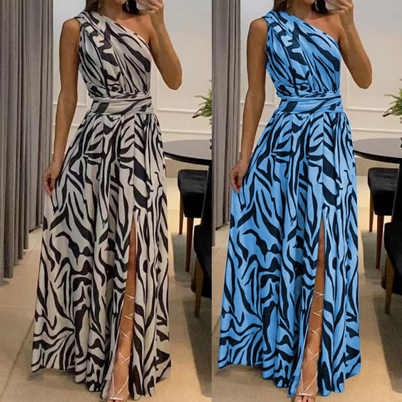 New Dress Exposed Back, Asymétrique Épaule Dénudée, Printed Maxi, Sexy