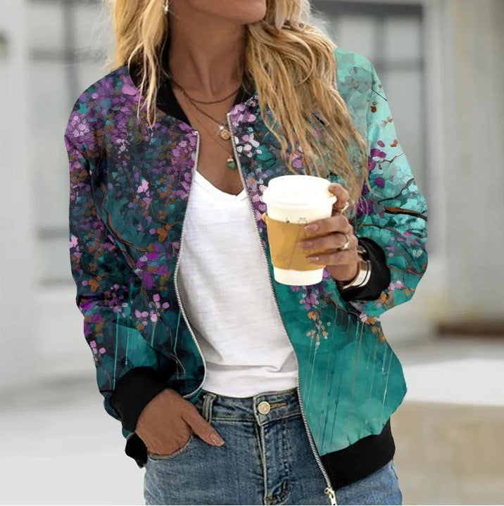 Women's jacket baseball elegant printed long sleeve zipper light