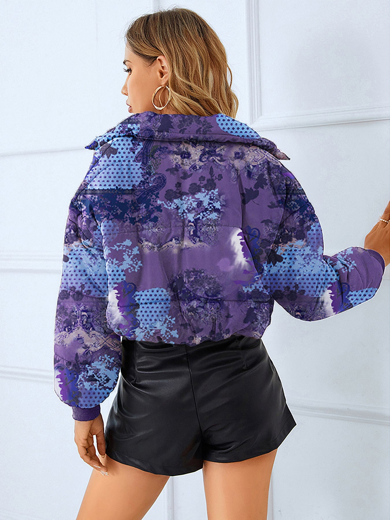 Women's jacket short puffy padded elegant high collar flower print