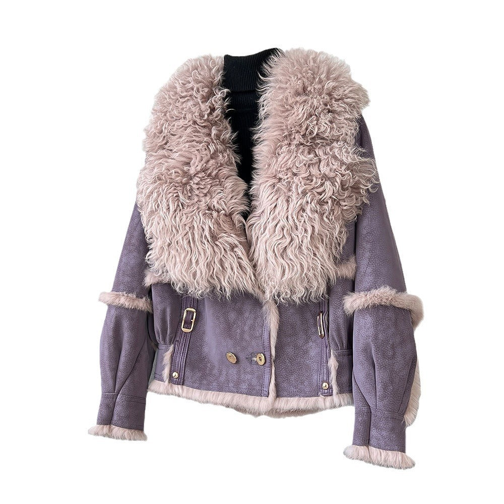 Women's coat elegant in rabbit fur sheepskin collar warm streetwear