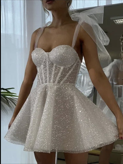 Women’s Short Wedding Dress Elegant Princess Corset Sparkly Tulle Gown
