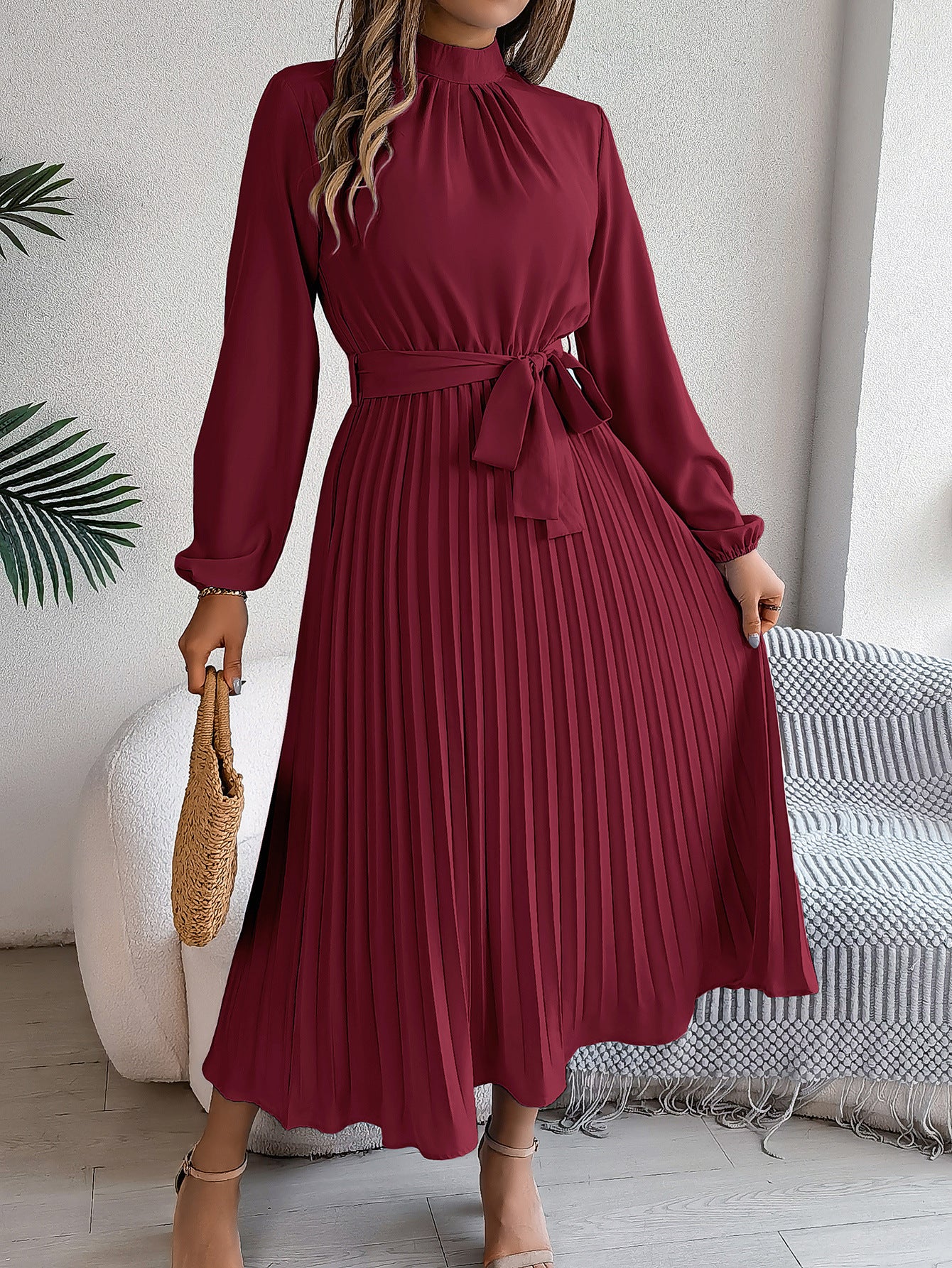 Women's dress flared pleated elegant belted long sleeve stand collar