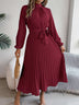 Women's Elegant Dress Flared Pleated Belted Long Sleeve Stand Collar